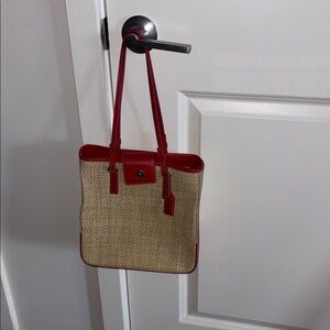 Coach Straw Tote with Red Leather Trim